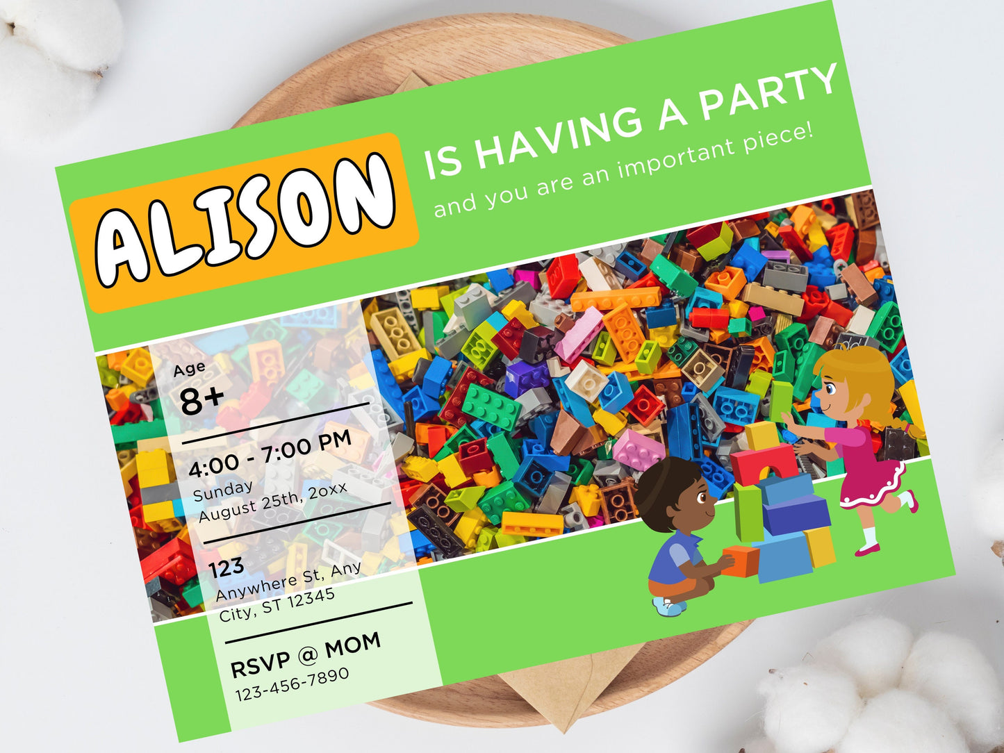 Geburtstagseinladung mit Bausteinen, Kinderparty (Bearbeitbare Vorlage, Sofort-Download)