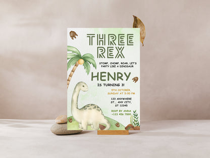 Bearbeitbare Einladungsvorlage für eine Geburtstagseinladung mit Rex-Motiv, Dinosaurier-Einladung (Sofort-Download)