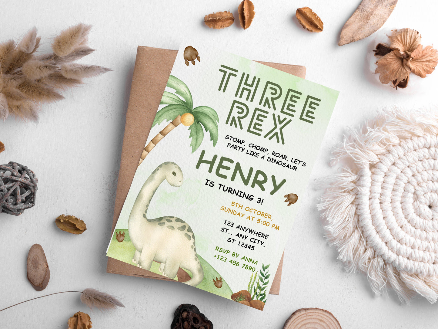 Bearbeitbare Einladungsvorlage für eine Geburtstagseinladung mit Rex-Motiv, Dinosaurier-Einladung (Sofort-Download)