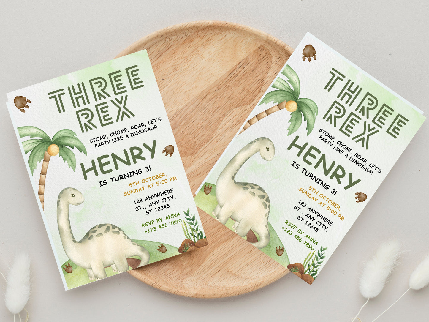 Bearbeitbare Einladungsvorlage für eine Geburtstagseinladung mit Rex-Motiv, Dinosaurier-Einladung (Sofort-Download)