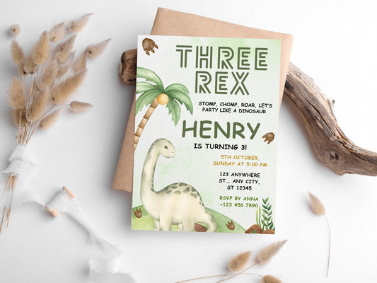 Bearbeitbare Einladungsvorlage für eine Geburtstagseinladung mit Rex-Motiv, Dinosaurier-Einladung (Sofort-Download)