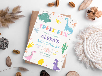 Bearbeitbare Einladungsvorlage für einen Drei-Rex-Dinosaurier-Geburtstag (Digitaler Download)