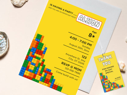 Building Blocks Birthday Invitation, Editable Canva Template (Digital Download)