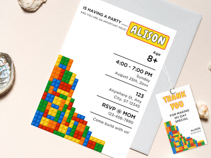 Building Blocks Birthday Invitation, Editable Brick Party Invite (Digital Download)