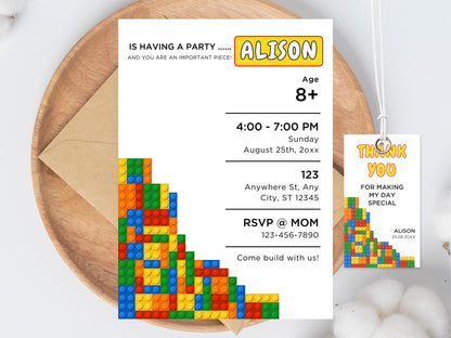 Building Blocks Birthday Invitation, Editable Brick Party Invite (Digital Download)