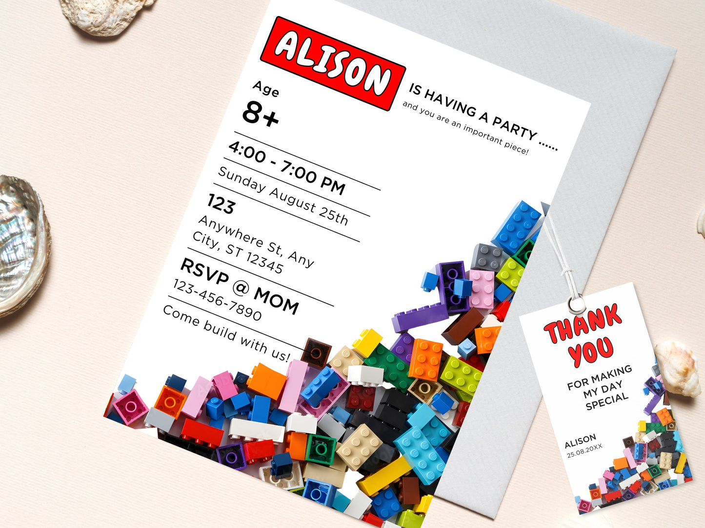 Building Blocks Birthday Invitation, Kids Party, Thank You Tag (Editable Canva Template, Instant Download)