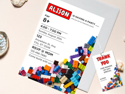 Building Blocks Birthday Invitation, Kids Party, Thank You Tag (Editable Canva Template, Instant Download)