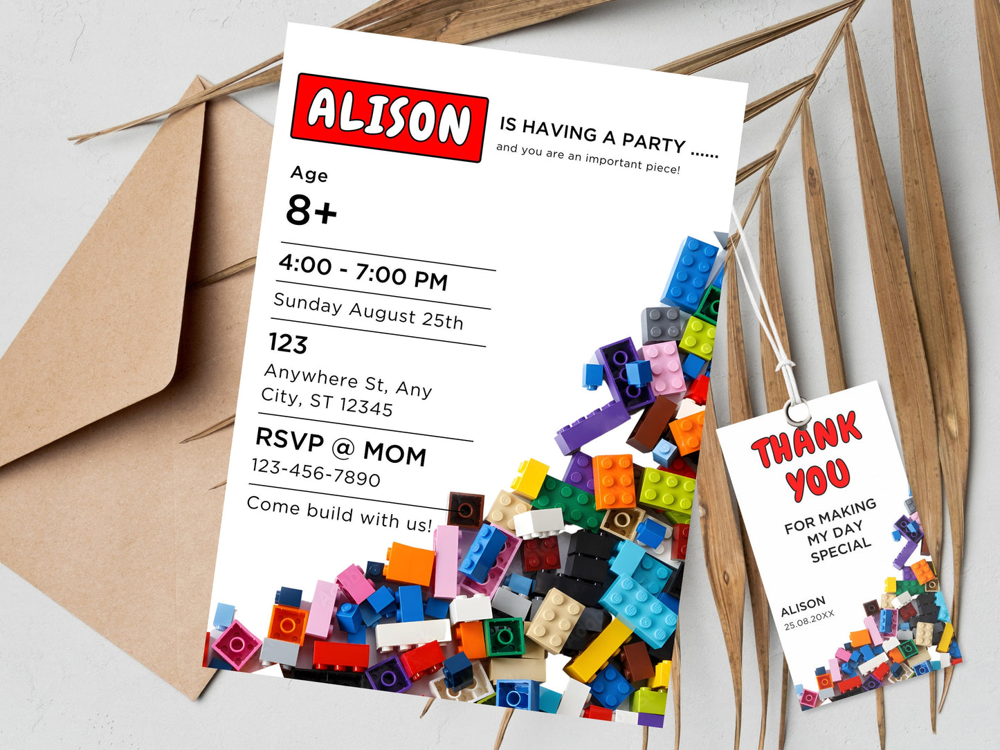 Building Blocks Birthday Invitation, Kids Party, Thank You Tag (Editable Canva Template, Instant Download)