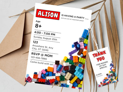 Building Blocks Birthday Invitation, Kids Party, Thank You Tag (Editable Canva Template, Instant Download)