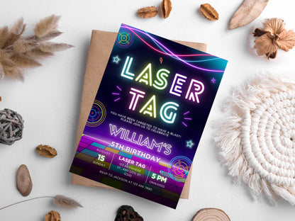 Editable Neon Laser Tag Birthday Invitation (Digital Download)