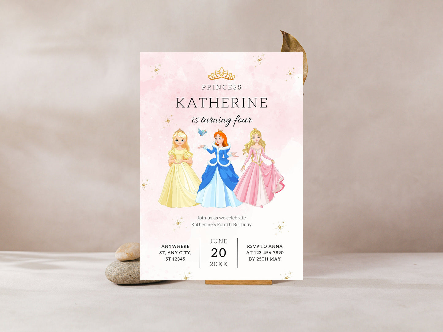 Editable Princess Birthday Invitation Template (Canva)