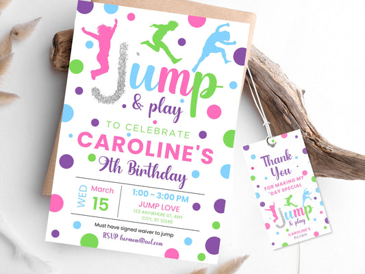 Trampoline Birthday Party Invitation, Tie Dye Jump (Editable Template)