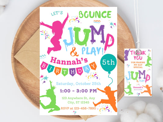 Trampoline Birthday Invitation, Tie Dye Jump Party (Editable Template)