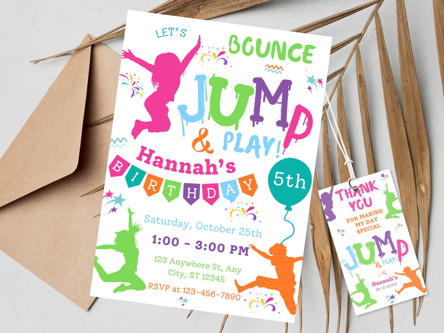 Einladung zum Trampolin-Geburtstag, Batik-Sprungparty (Bearbeitbare Vorlage)