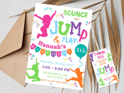 Einladung zum Trampolin-Geburtstag, Batik-Sprungparty (Bearbeitbare Vorlage)
