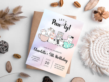 Cat Birthday Invitation, Kitten Paw-ty, Digital Download