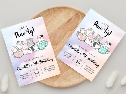 Cat Birthday Invitation, Kitten Paw-ty, Digital Download
