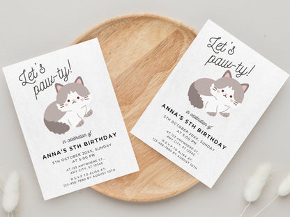 Cat Birthday Invitation, Kitten Paw-ty, Digital Download