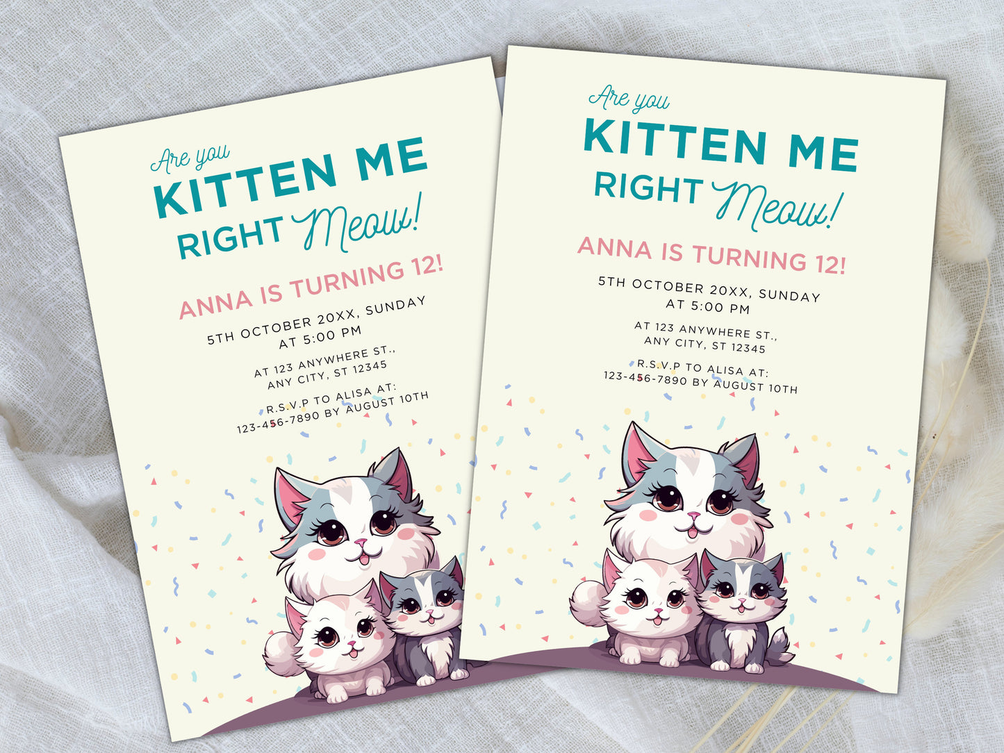 Cat Birthday Party Invitation, Kitten Theme (Digital Download)