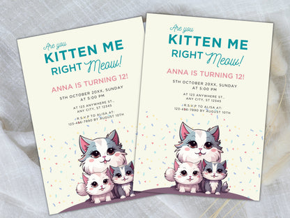 Cat Birthday Party Invitation, Kitten Theme (Digital Download)