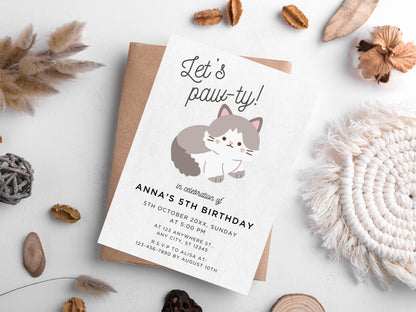 Cat Birthday Paw-ty Invitation, Kitten Theme (Instant Download)