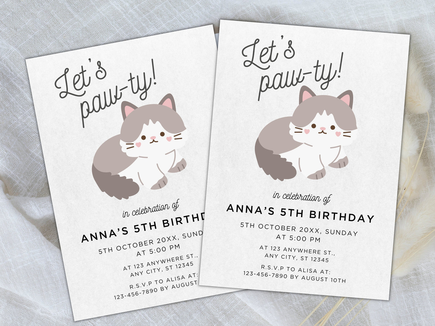 Cat Birthday Paw-ty Invitation, Kitten Theme (Instant Download)