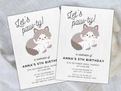 Cat Birthday Paw-ty Invitation, Kitten Theme (Instant Download)