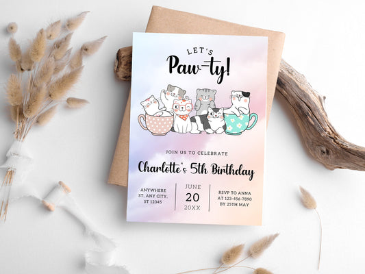 Cat Birthday Invitation, Kitten Paw-ty, Digital Download