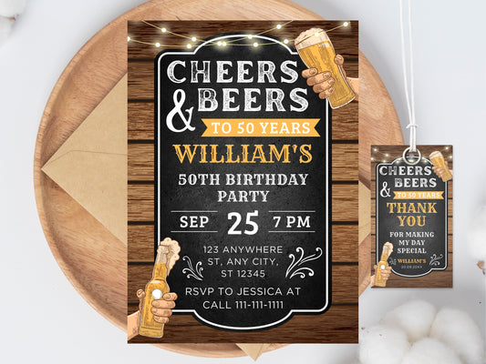 Cheers and Beers Birthday Invitation, Adult Birthday Party (Digital Download)