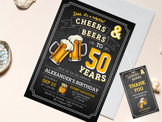 Cheers and Beers Birthday Invitation, Adult Birthday, Thank You Tag (Digital Download)