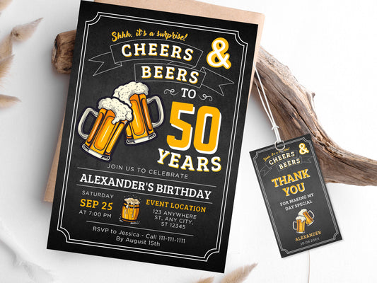 Cheers and Beers Birthday Invitation, Adult Birthday, Thank You Tag (Digital Download)