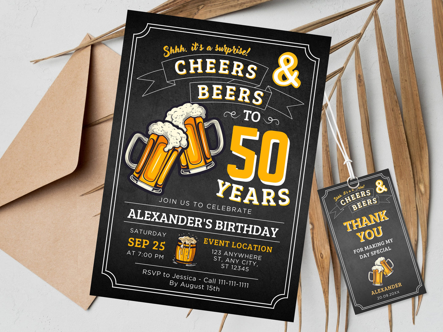 Geburtstagseinladung „Prost und Bier“, Geburtstag für Erwachsene, Dankesanhänger (Digitaler Download)