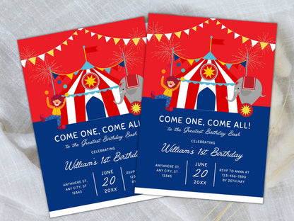 Editable Circus Birthday Invitation, Carnival Theme (Digital Download)