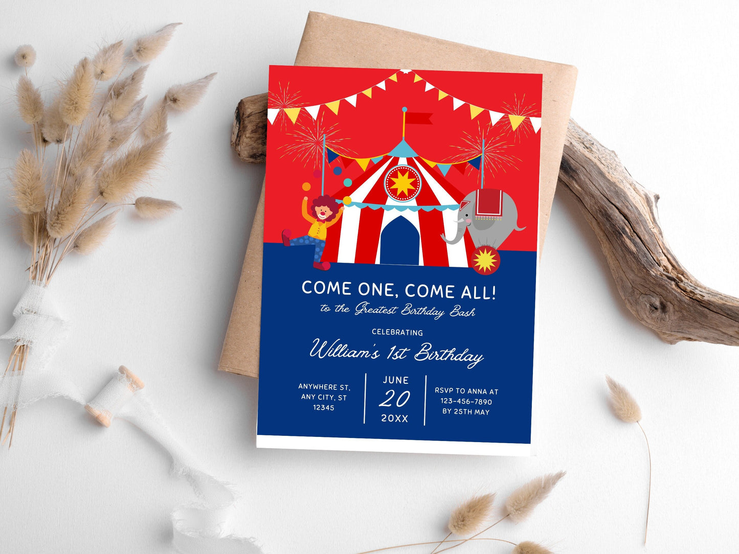 Editable Circus Birthday Invitation, Carnival Theme (Digital Download)
