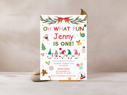 Christmas Birthday Invitation, First Birthday, Winter Gnomes (Digital Download)