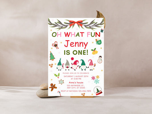 Christmas Birthday Invitation, First Birthday, Winter Gnomes (Digital Download)