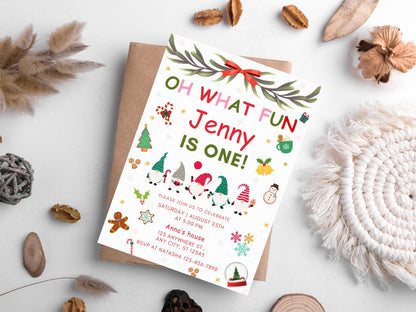 Christmas Birthday Invitation, First Birthday, Winter Gnomes (Digital Download)