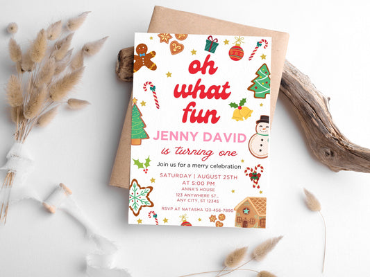 Christmas 1st Birthday Invitation, Winter Wonderland (Digital Download)