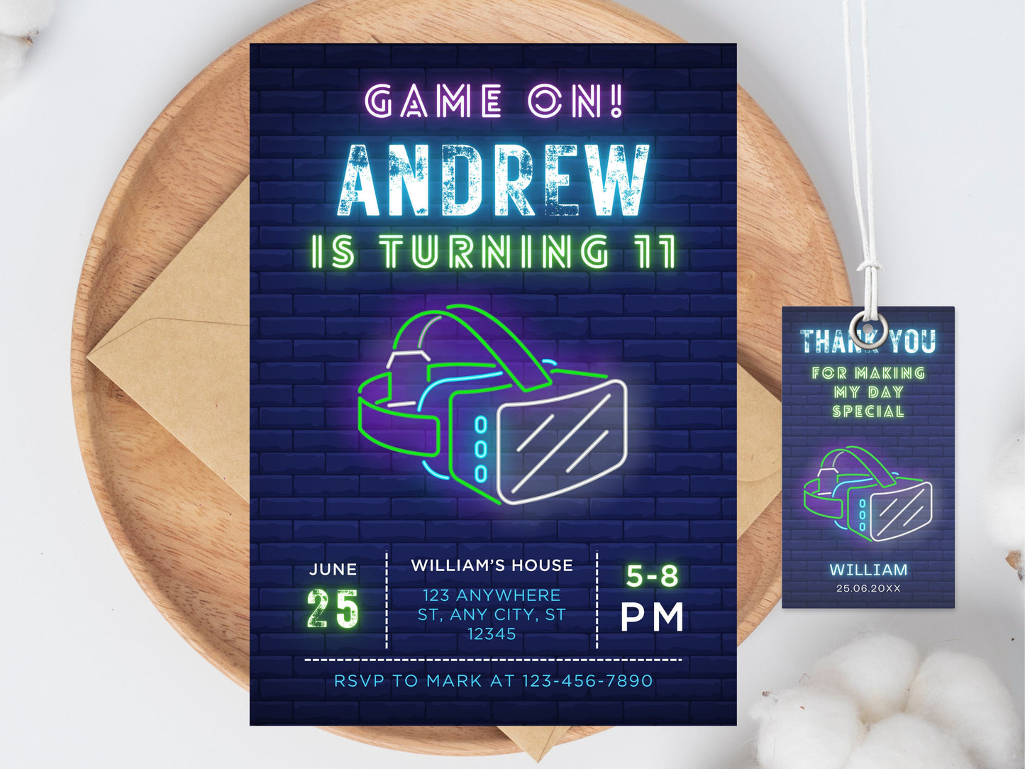 VR-Geburtstagseinladung, Gamer Boy, Neon-Design (Digitaler Download)