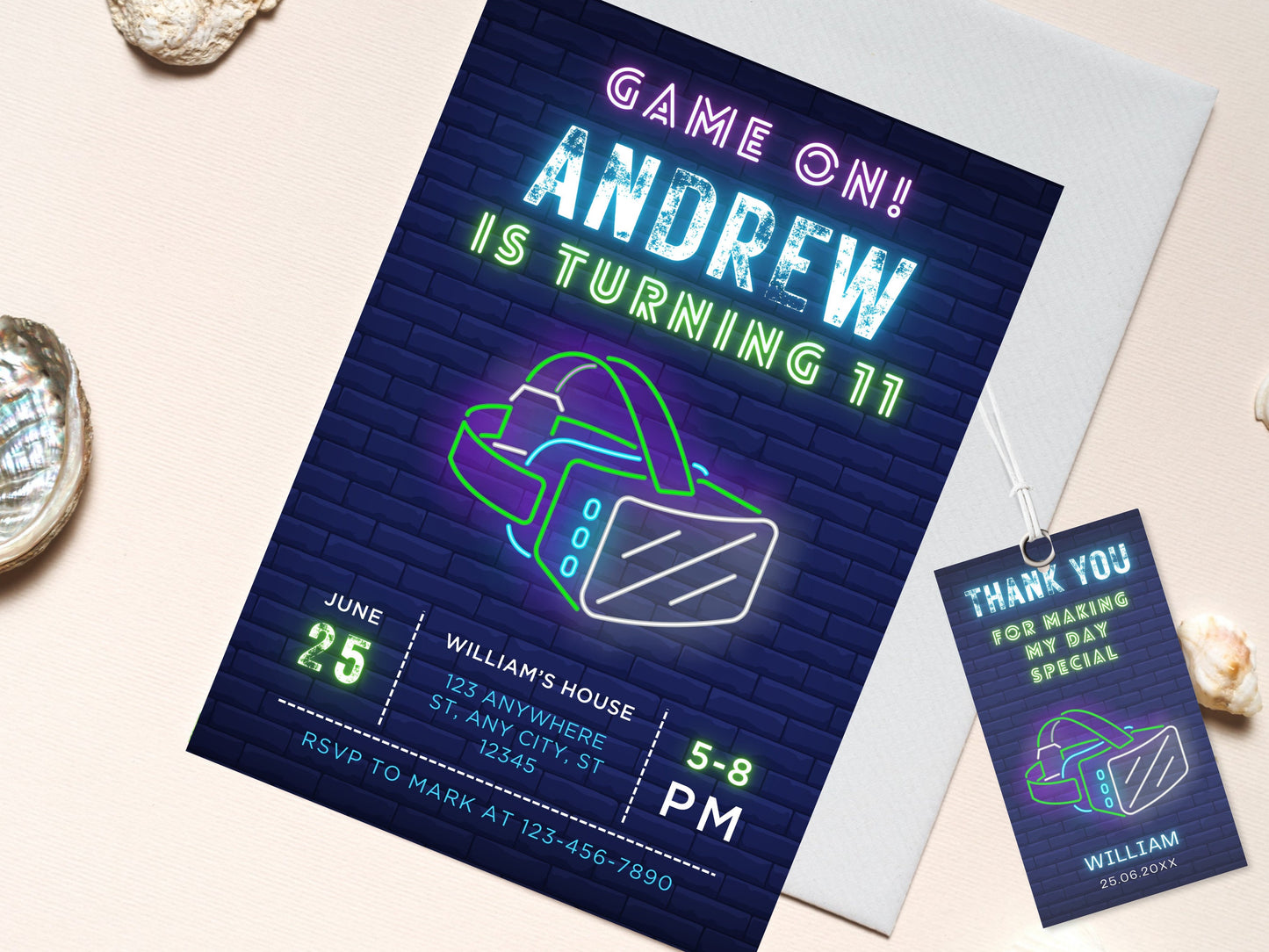 VR-Geburtstagseinladung, Gamer Boy, Neon-Design (Digitaler Download)