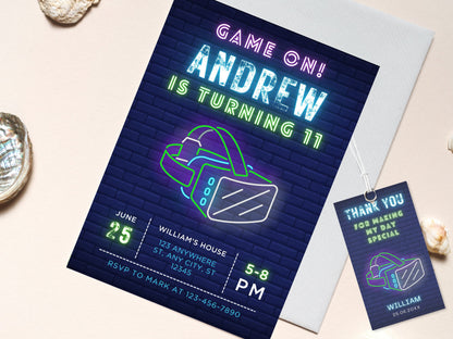 VR-Geburtstagseinladung, Gamer Boy, Neon-Design (Digitaler Download)