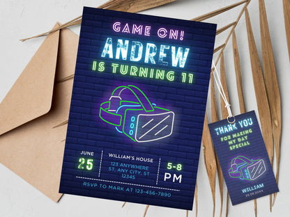 VR-Geburtstagseinladung, Gamer Boy, Neon-Design (Digitaler Download)