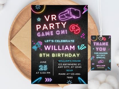 VR Gamer Birthday Invitation, Neon Party Invite (Digital Download)