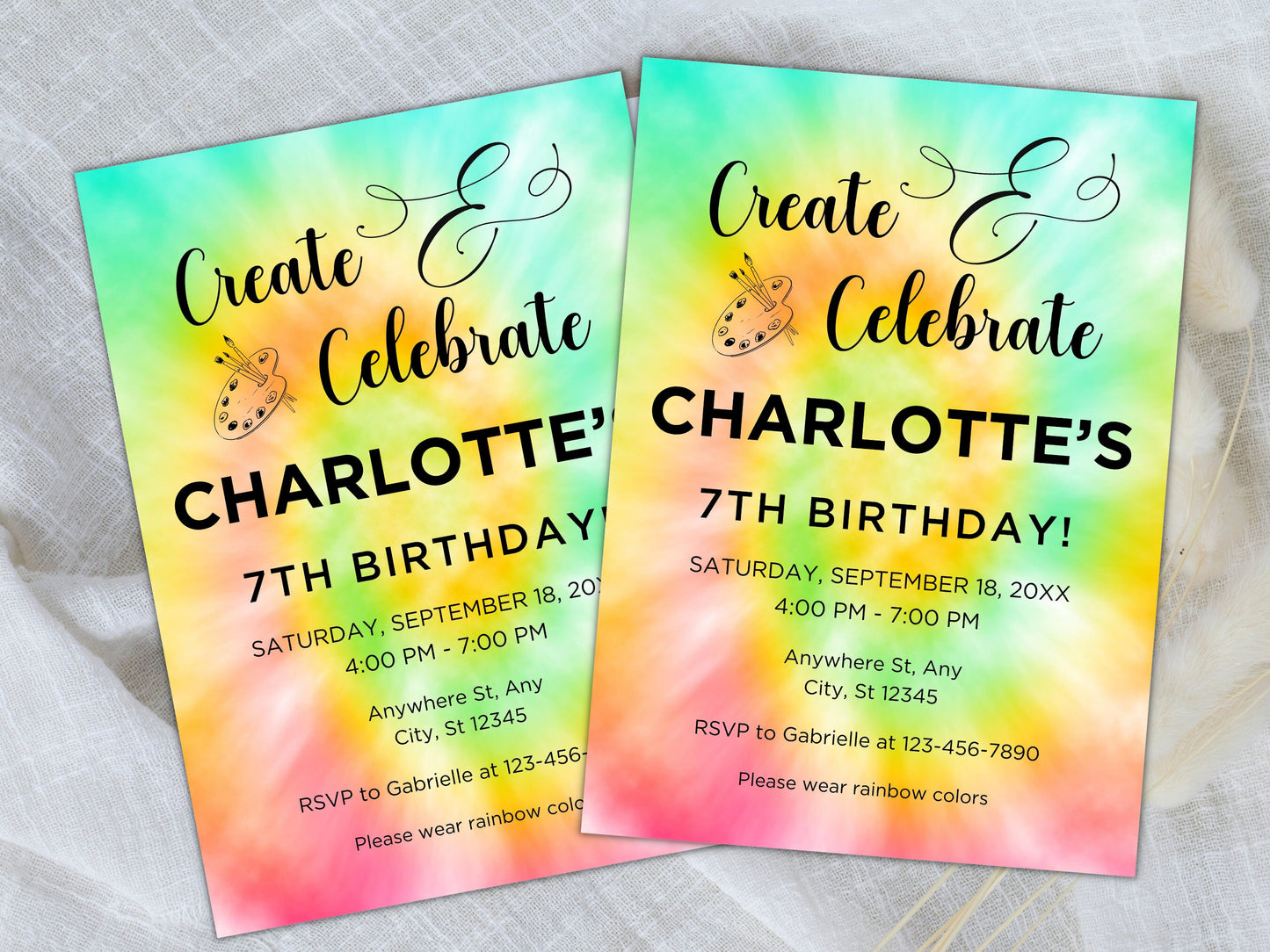 Invitation d'anniversaire sur le thème de la peinture colorée, thème artistique (téléchargement numérique)