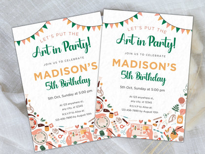 Invitation d'anniversaire sur le thème de la peinture, art coloré (Téléchargement instantané)