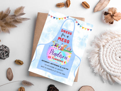 Invitation d'anniversaire personnalisable avec motif de peinture, thème artistique coloré (téléchargement instantané)