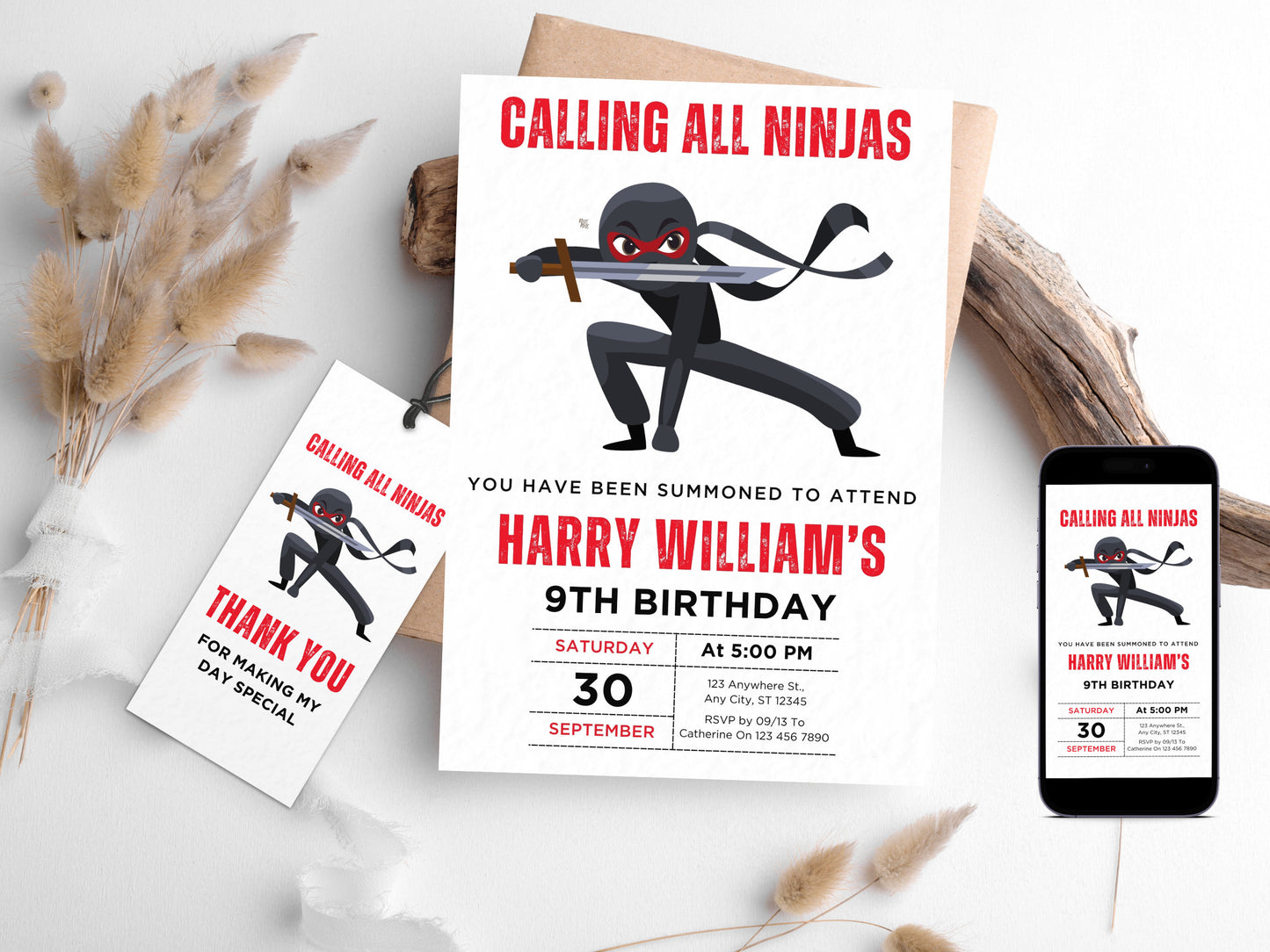 Ninja-Geburtstagseinladung, bearbeitbare Karate-Party-Vorlage (Canva)