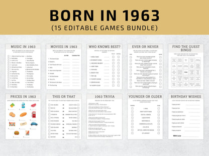 Pack de jeux pour un 60e anniversaire, quiz sur l'année 1963, activités de fête (modèle Canva modifiable)