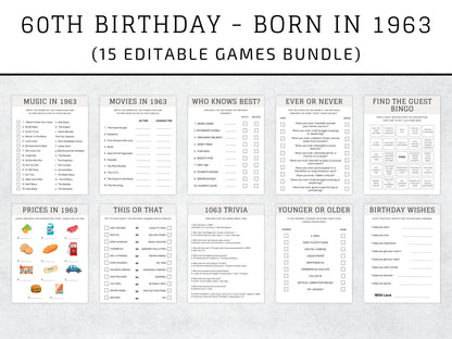 Pack de jeux pour un 60e anniversaire, quiz sur l'année 1963, activités de fête (modèle Canva modifiable)