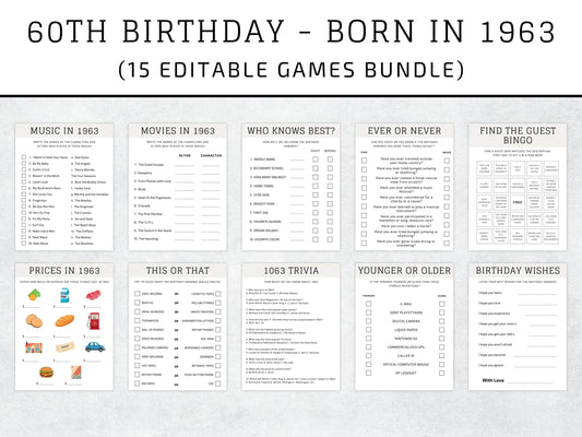 60th Birthday Games Bundle, 1963 Trivia, Party Activities (Editable Canva Template)